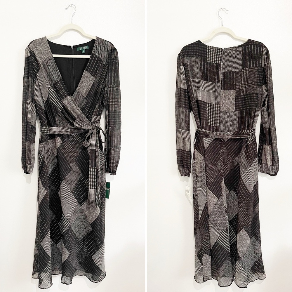 NWT Ralph Lauren Faux-Wrap Midi Dress Long Sleeve Tie Waist Geometric Size 16 - Picture 5 of 13